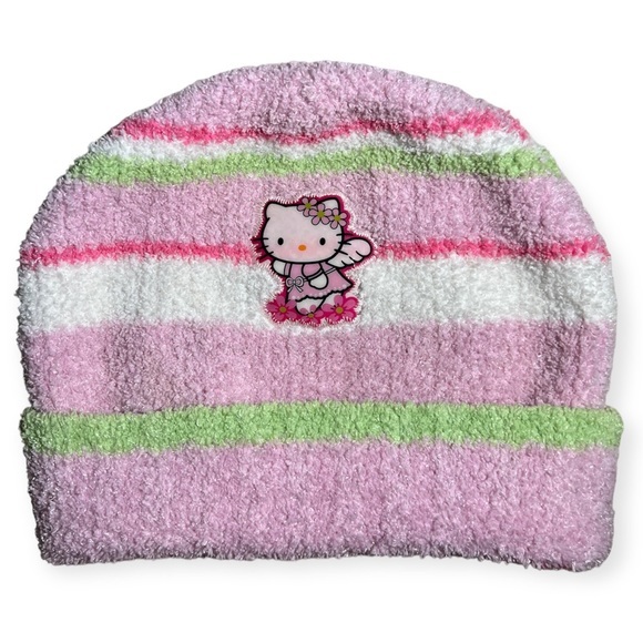 Vintage Sanrio Hello‎ Kitty Angel Flower Striped Fleece Beanie Hat - Picture 1 of 4